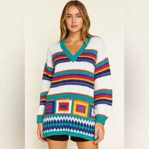 Vintage Brandon Multicolor Knit Sweater Size Large 80-90s Geometric Striped
